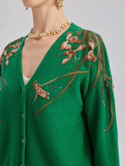 Wool Hand-Beaded Embroidered Cardigan (100% Wool)