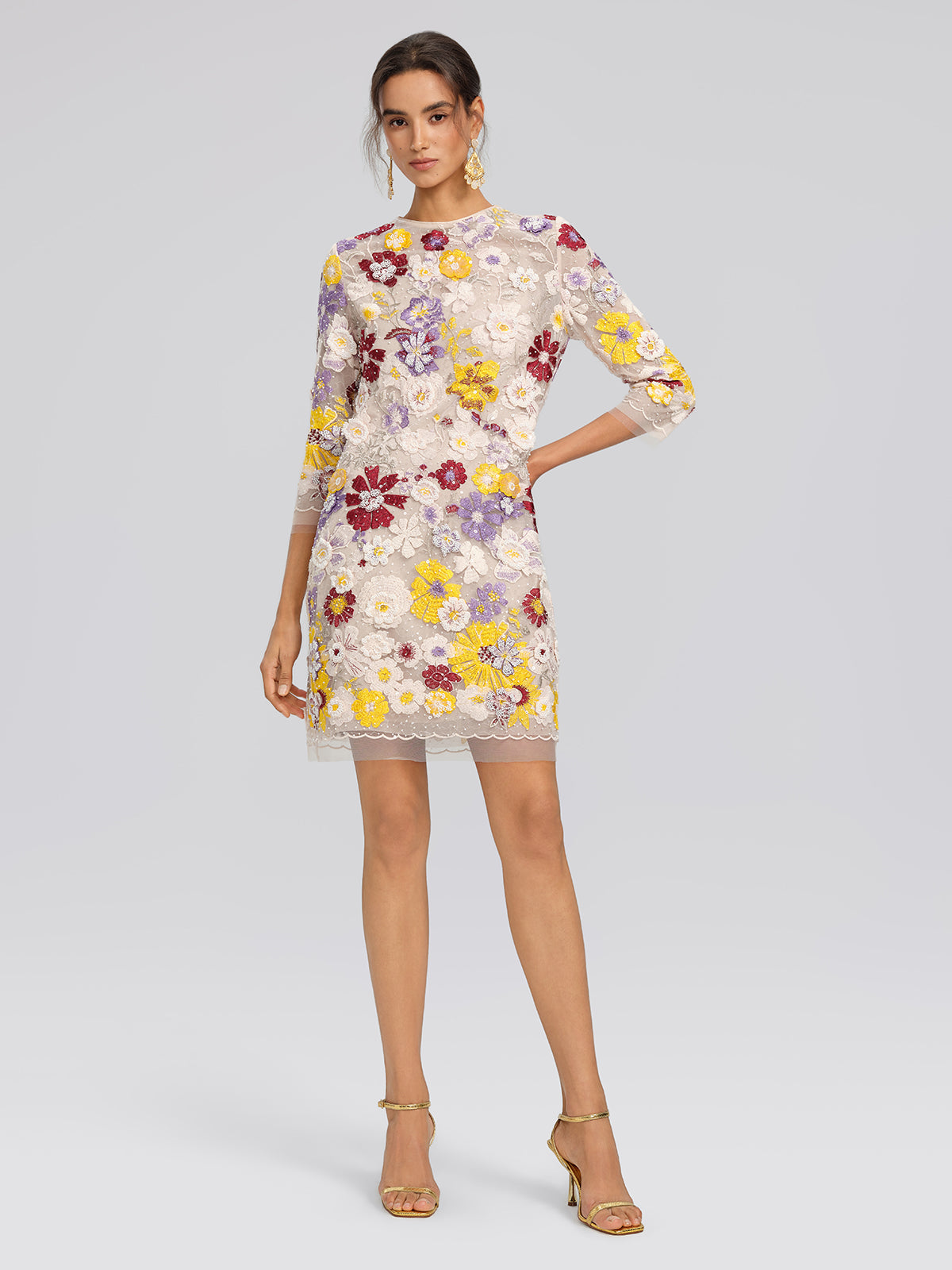 Beaded Floral Embroidered Sheer Mesh Dress (Slip Dress Included)