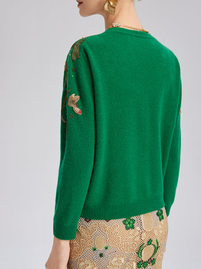 Wool Hand-Beaded Embroidered Cardigan (100% Wool)