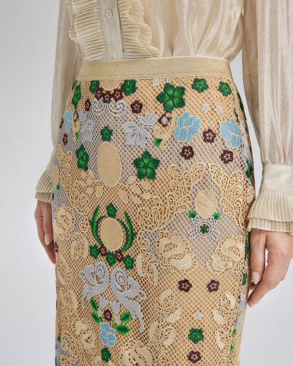 Bohemian Embroidered Floral Elastic Waist A-Line Skirt