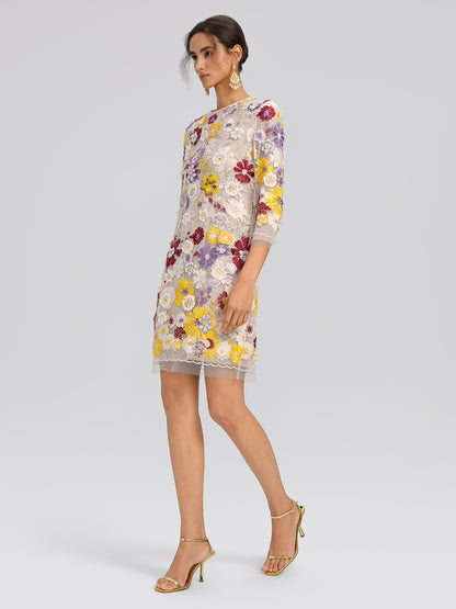 Beaded Floral Embroidered Sheer Mesh Dress (Slip Dress Included)