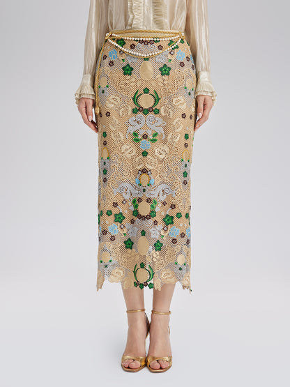 Bohemian Embroidered Floral Elastic Waist A-Line Skirt