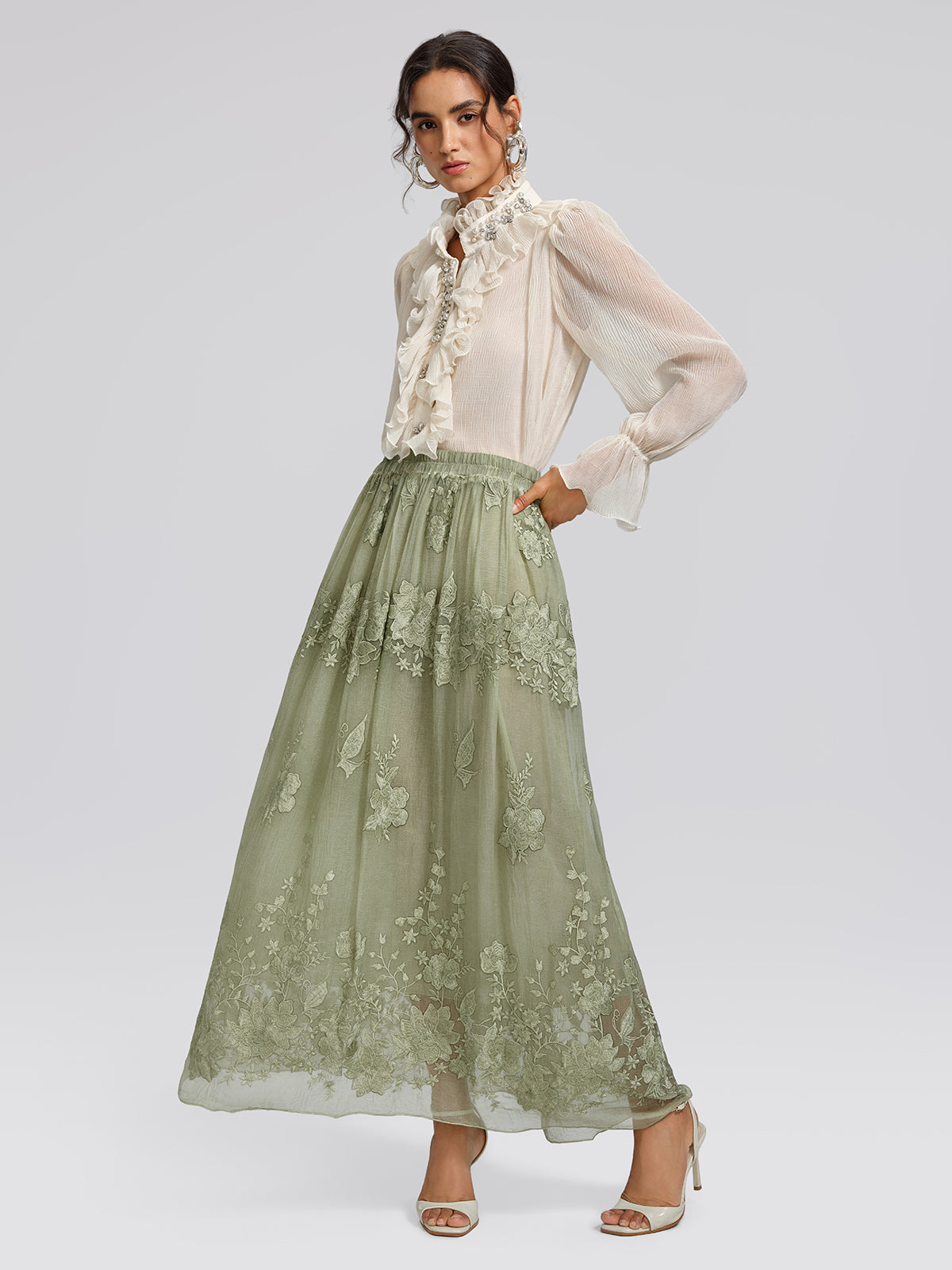 Hand-Dyed Embroidered Elastic-Waist Skirt
