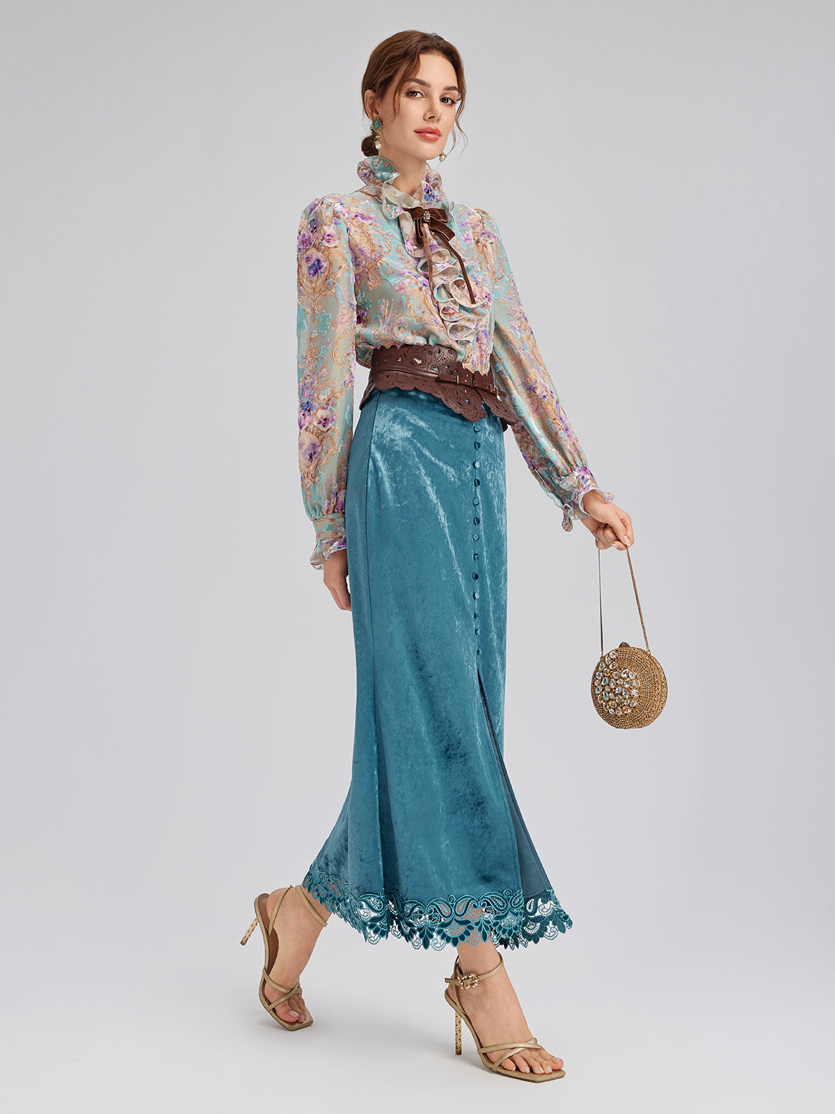 Velvet Lace-Trim Front Slit Fishtail Skirt