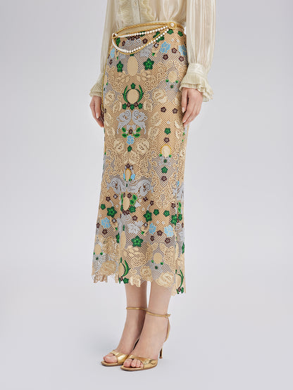 Bohemian Embroidered Floral Elastic Waist A-Line Skirt