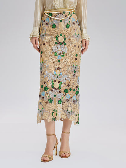 Bohemian Embroidered Floral Elastic Waist A-Line Skirt