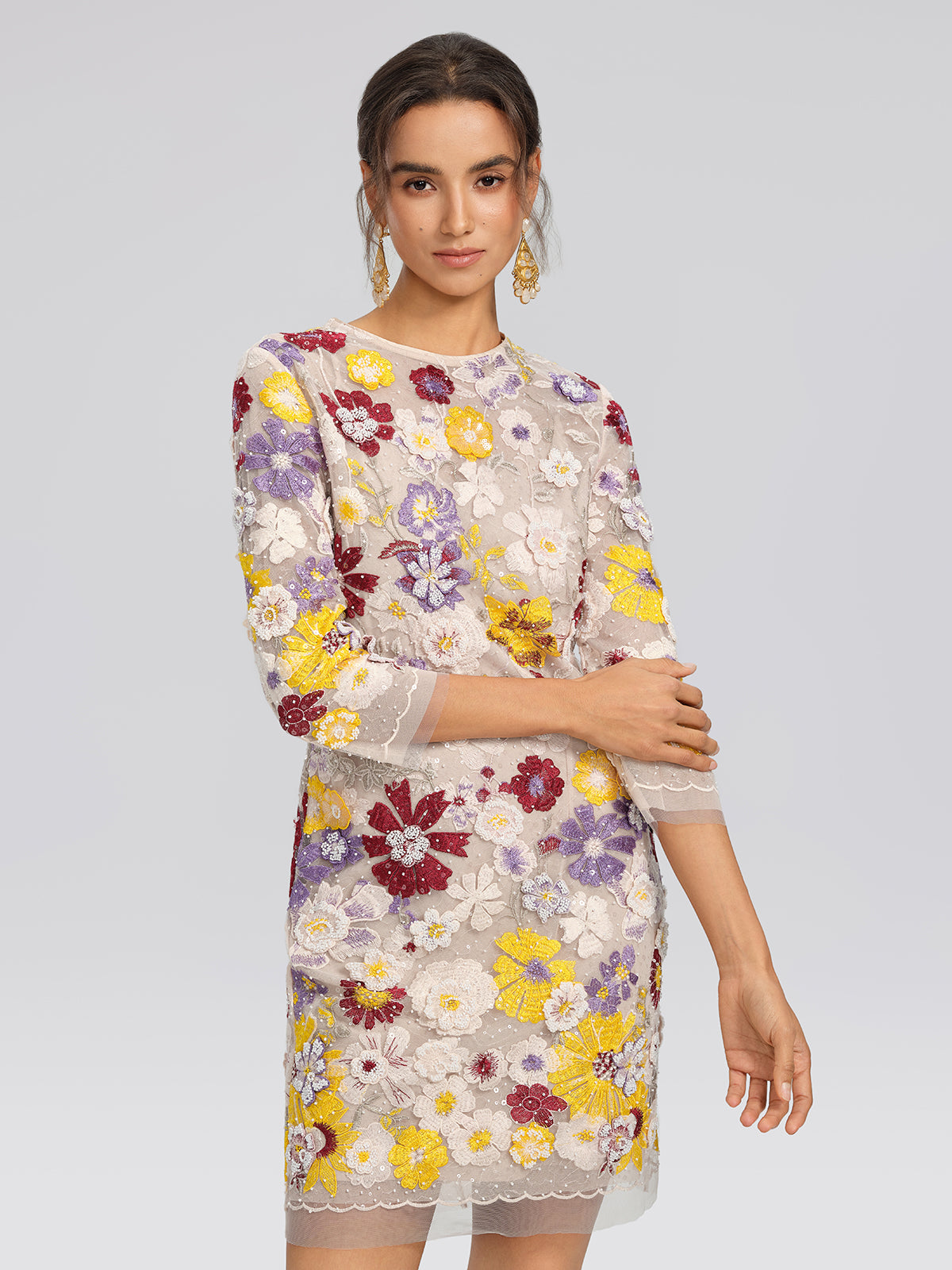 Beaded Floral Embroidered Sheer Mesh Dress (Slip Dress Included)