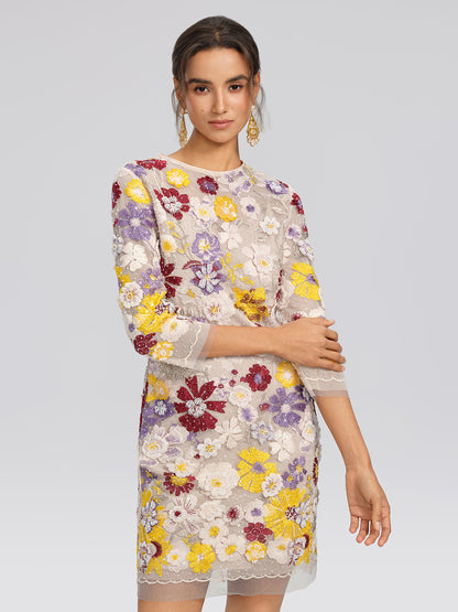 Beaded Floral Embroidered Sheer Mesh Dress (Slip Dress Included)