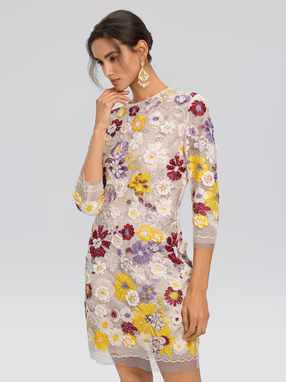 Beaded Floral Embroidered Sheer Mesh Dress (Slip Dress Included)