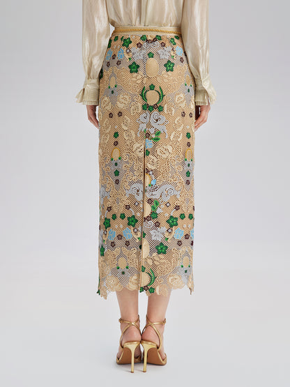 Bohemian Embroidered Floral Elastic Waist A-Line Skirt