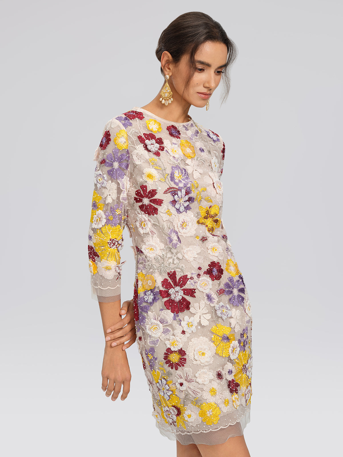 Beaded Floral Embroidered Sheer Mesh Dress (Slip Dress Included)