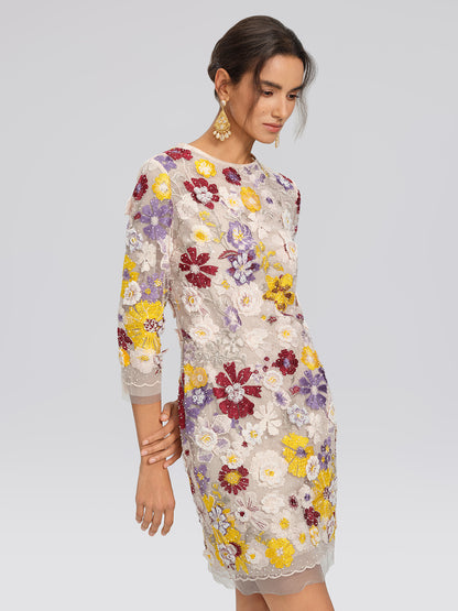 Beaded Floral Embroidered Sheer Mesh Dress (Slip Dress Included)