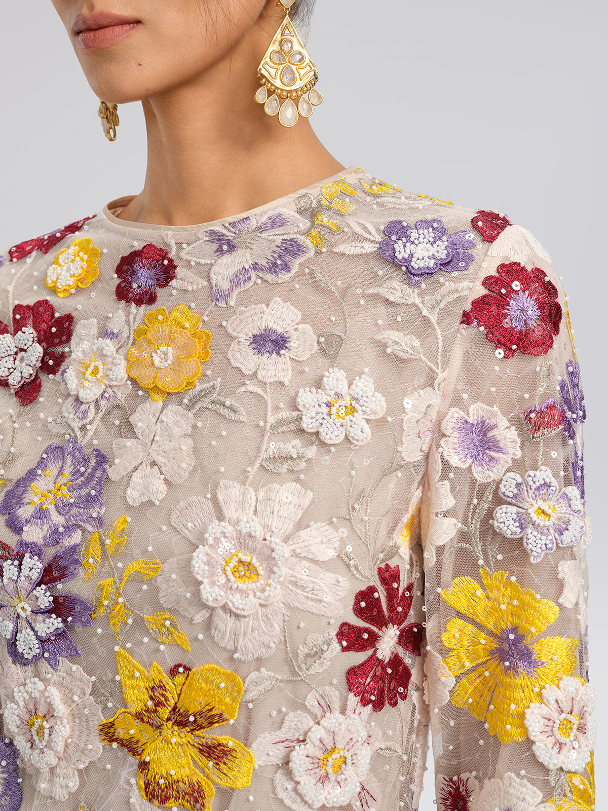 Beaded Floral Embroidered Sheer Mesh Dress (Slip Dress Included)