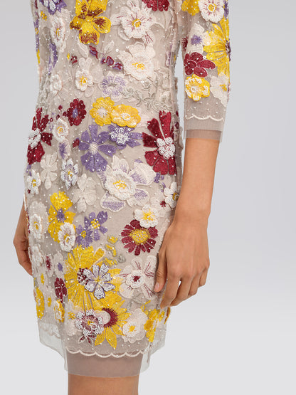 Beaded Floral Embroidered Sheer Mesh Dress (Slip Dress Included)