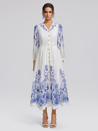 V-Neck Lantern-Sleeve Maxi Dress (Waist Tie & Slip Dress Included)