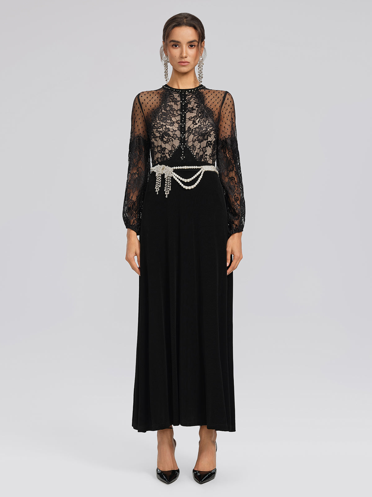 French Lace-Panel High-Waist Dress
