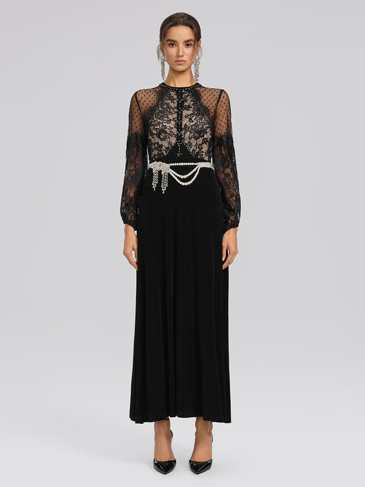 French Lace-Panel High-Waist Dress