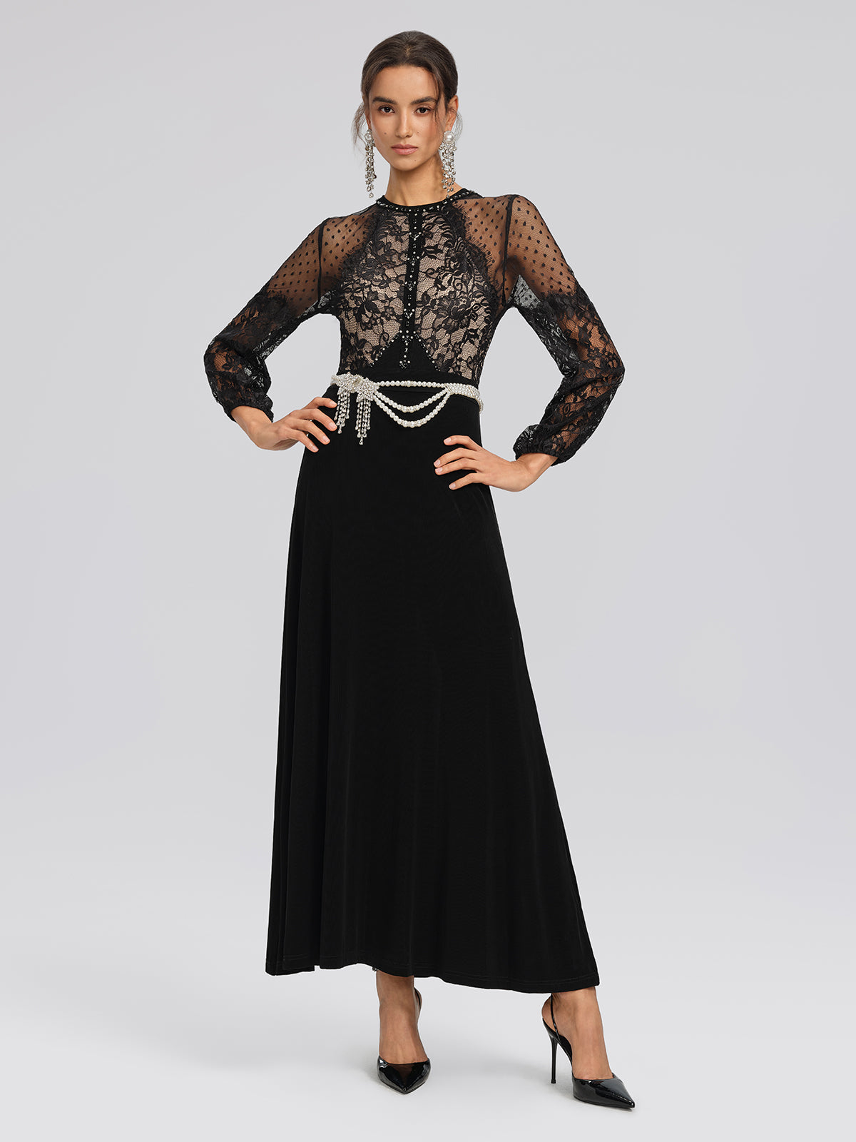 French Lace-Panel High-Waist Dress