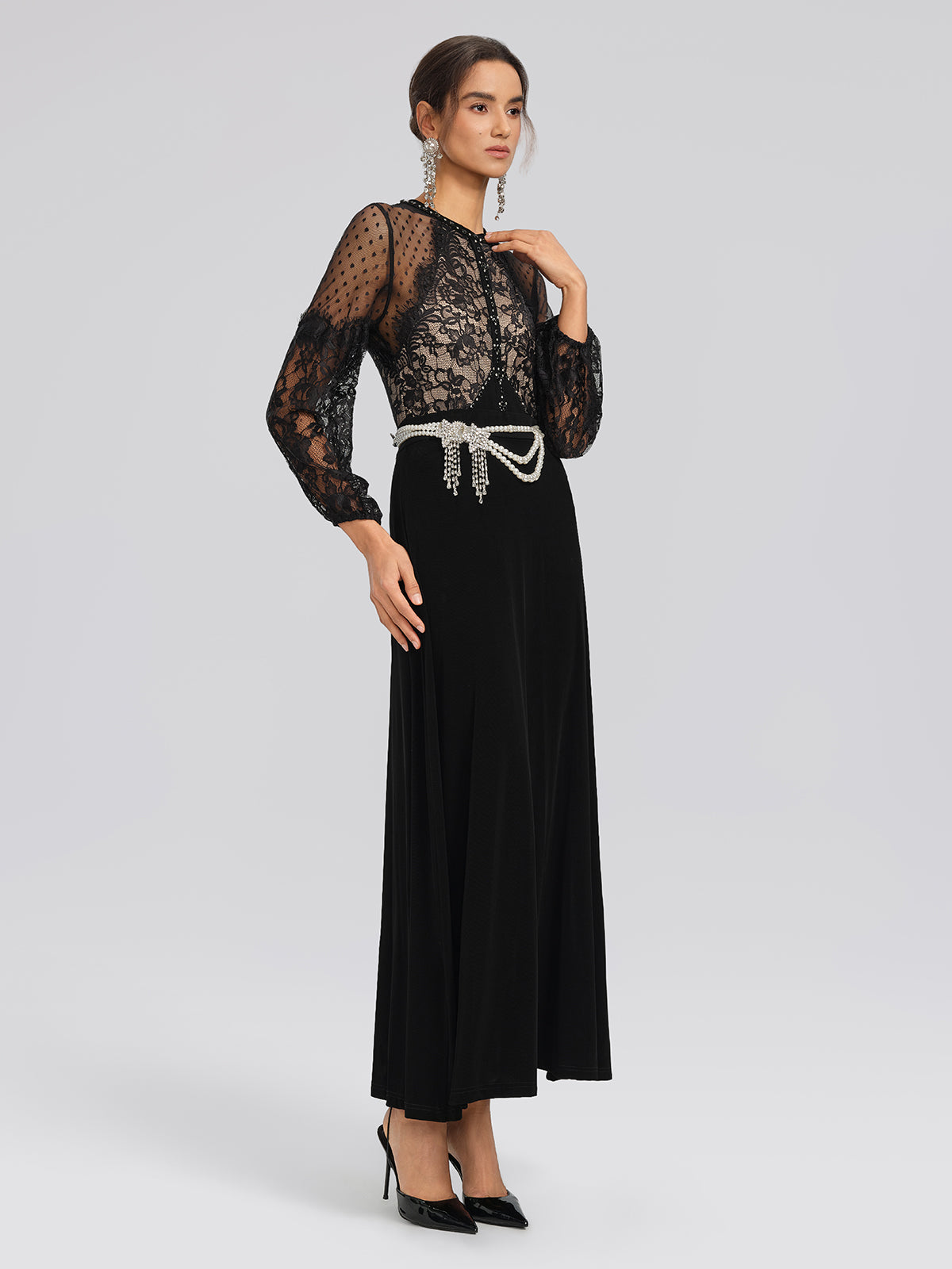 French Lace-Panel High-Waist Dress