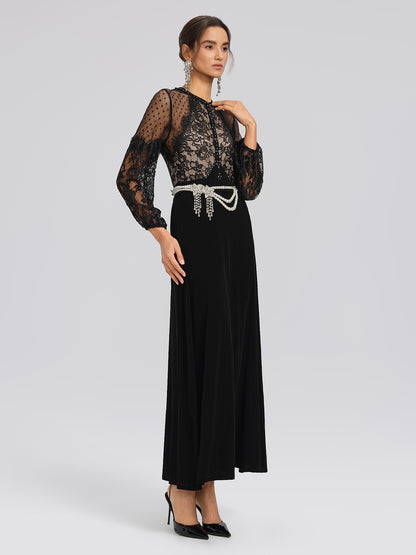 French Lace-Panel High-Waist Dress