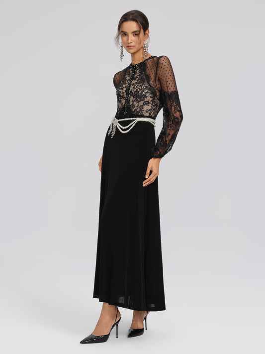 French Lace-Panel High-Waist Dress