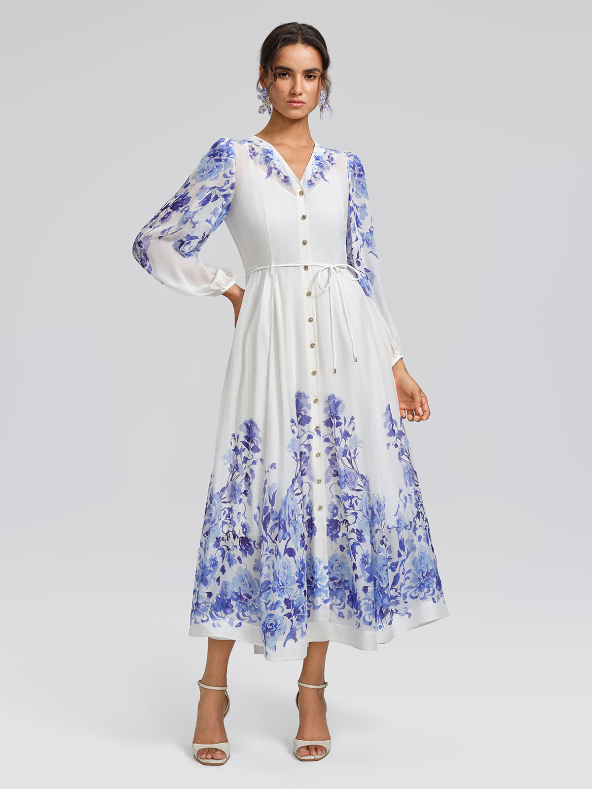 V-Neck Lantern-Sleeve Maxi Dress (Waist Tie & Slip Dress Included)