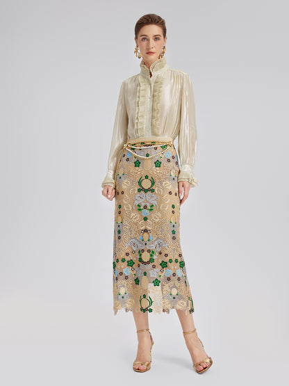 Bohemian Embroidered Floral Elastic Waist A-Line Skirt