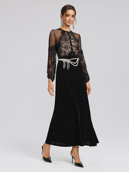 French Lace-Panel High-Waist Dress