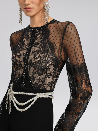 French Lace-Panel High-Waist Dress