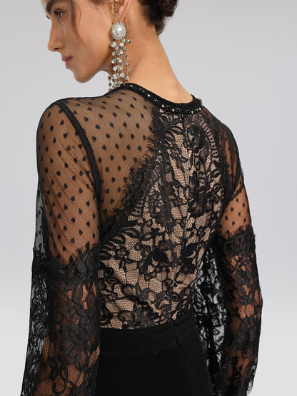 French Lace-Panel High-Waist Dress
