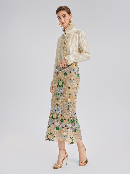 Bohemian Embroidered Floral Elastic Waist A-Line Skirt