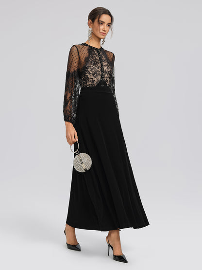 French Lace-Panel High-Waist Dress