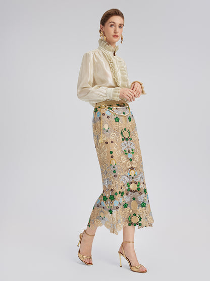 Bohemian Embroidered Floral Elastic Waist A-Line Skirt