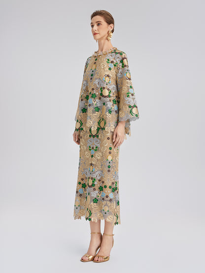 Bohemian Embroidered Floral Elastic Waist A-Line Skirt