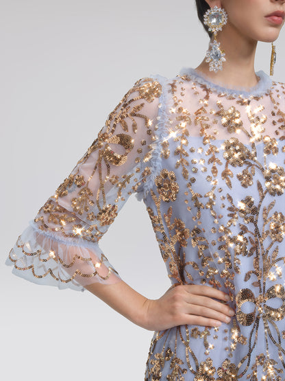 Gold Foil Mesh Heavywork Maxi Dress (Waist Tie Included)