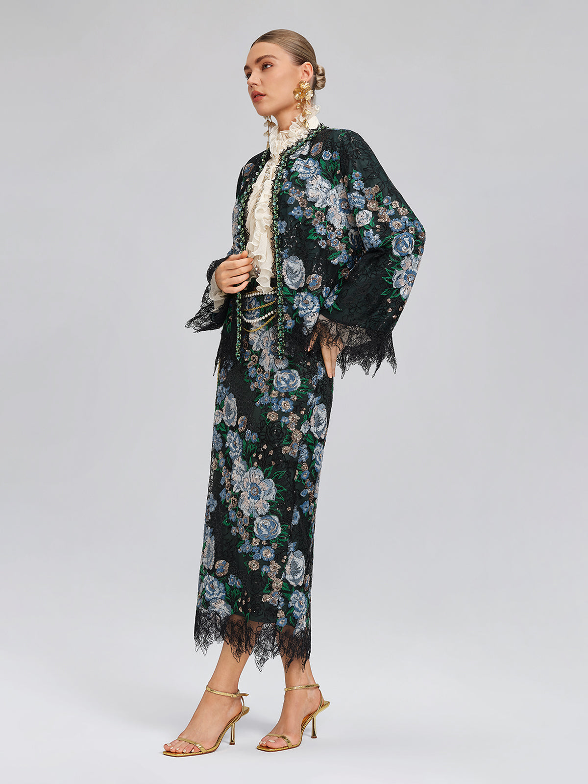 Sequin Lace-Trim Elastic-Waist Skirt