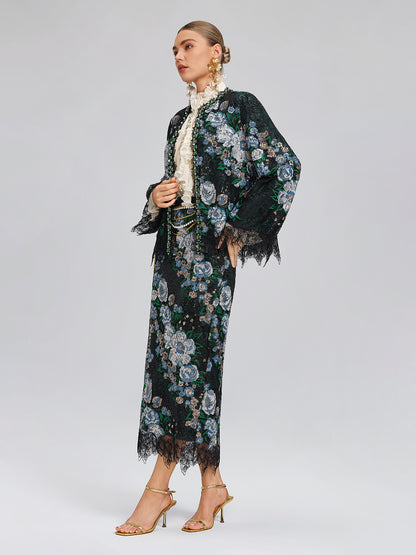 Sequin Lace-Trim Elastic-Waist Skirt