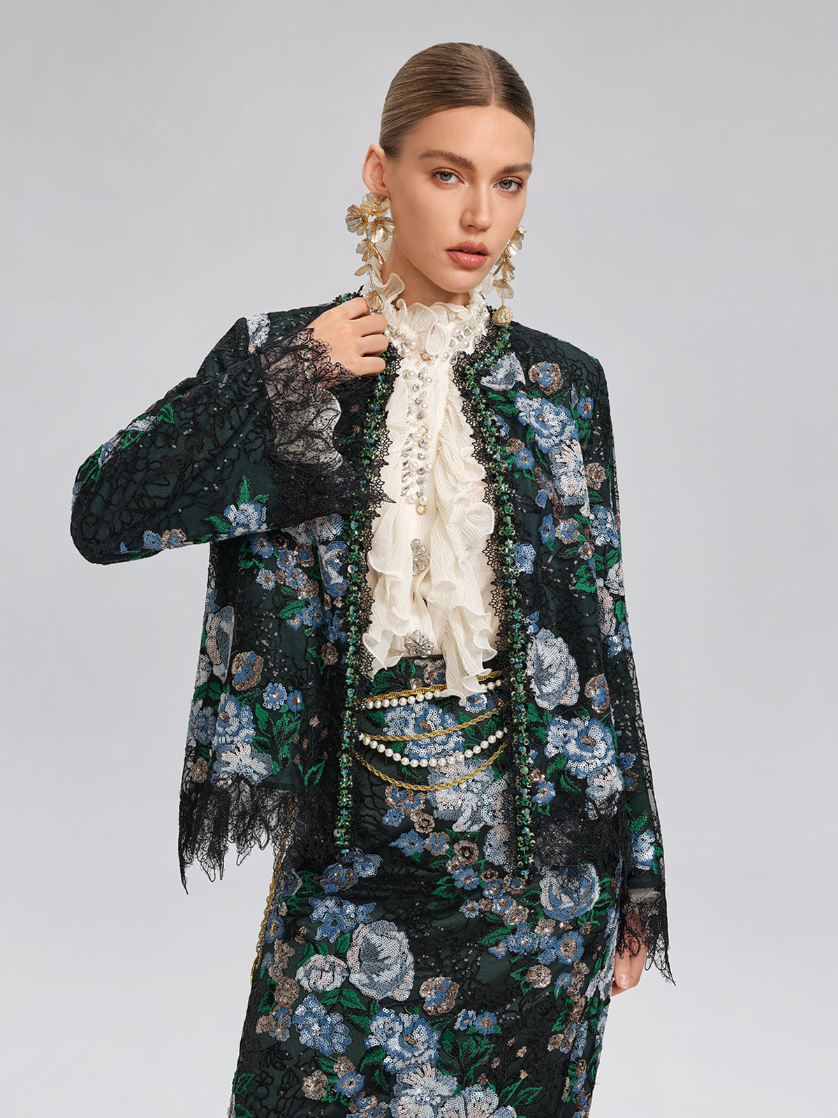 Sequin Lace-Trim Hand-Beaded Crystal Jacket