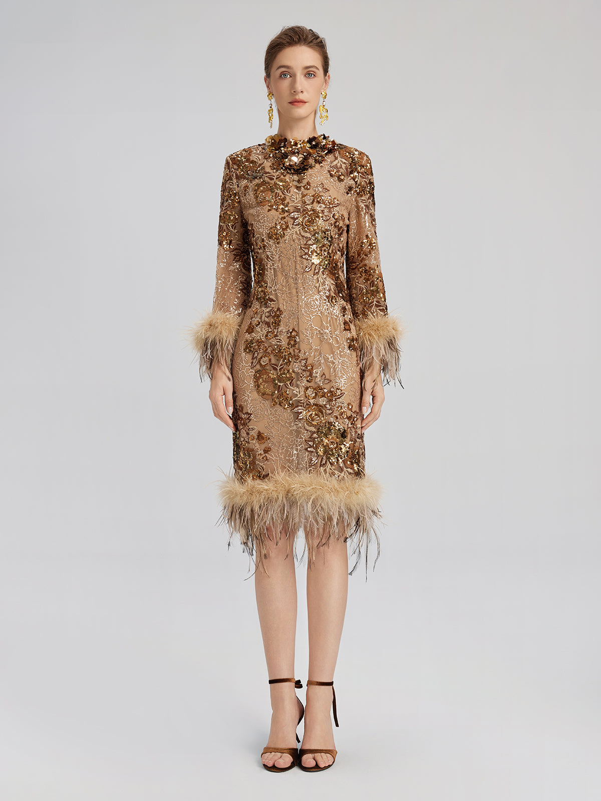 Hand-Beaded Floral Sequins & Feather Dress