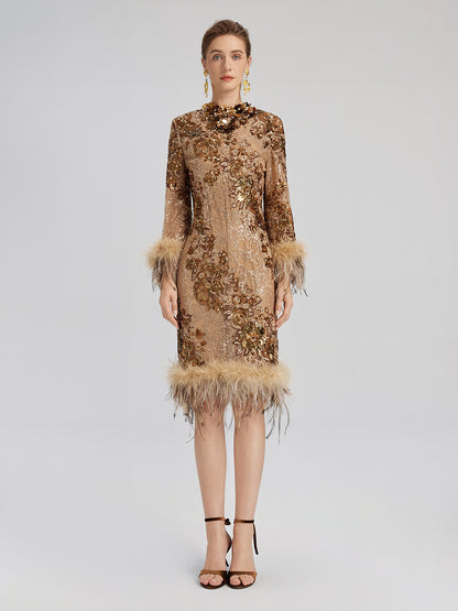 Hand-Beaded Floral Sequins & Feather Dress