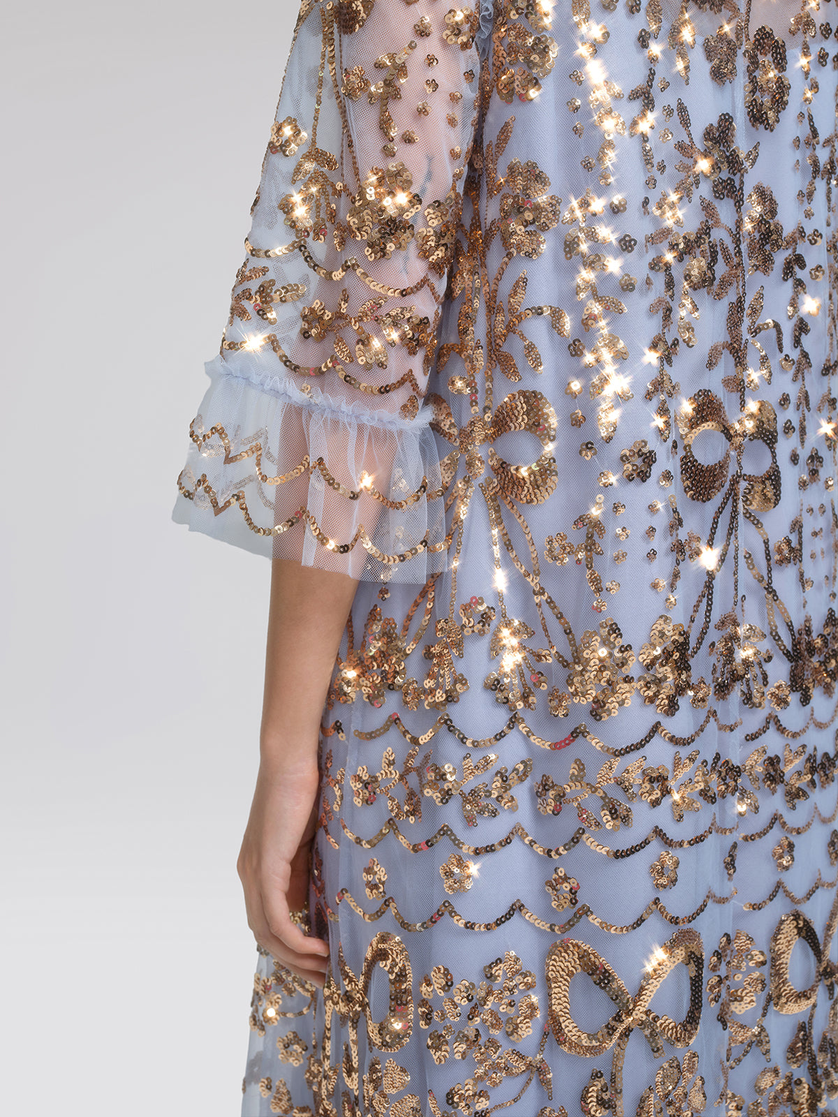 Gold Foil Mesh Heavywork Maxi Dress (Waist Tie Included)