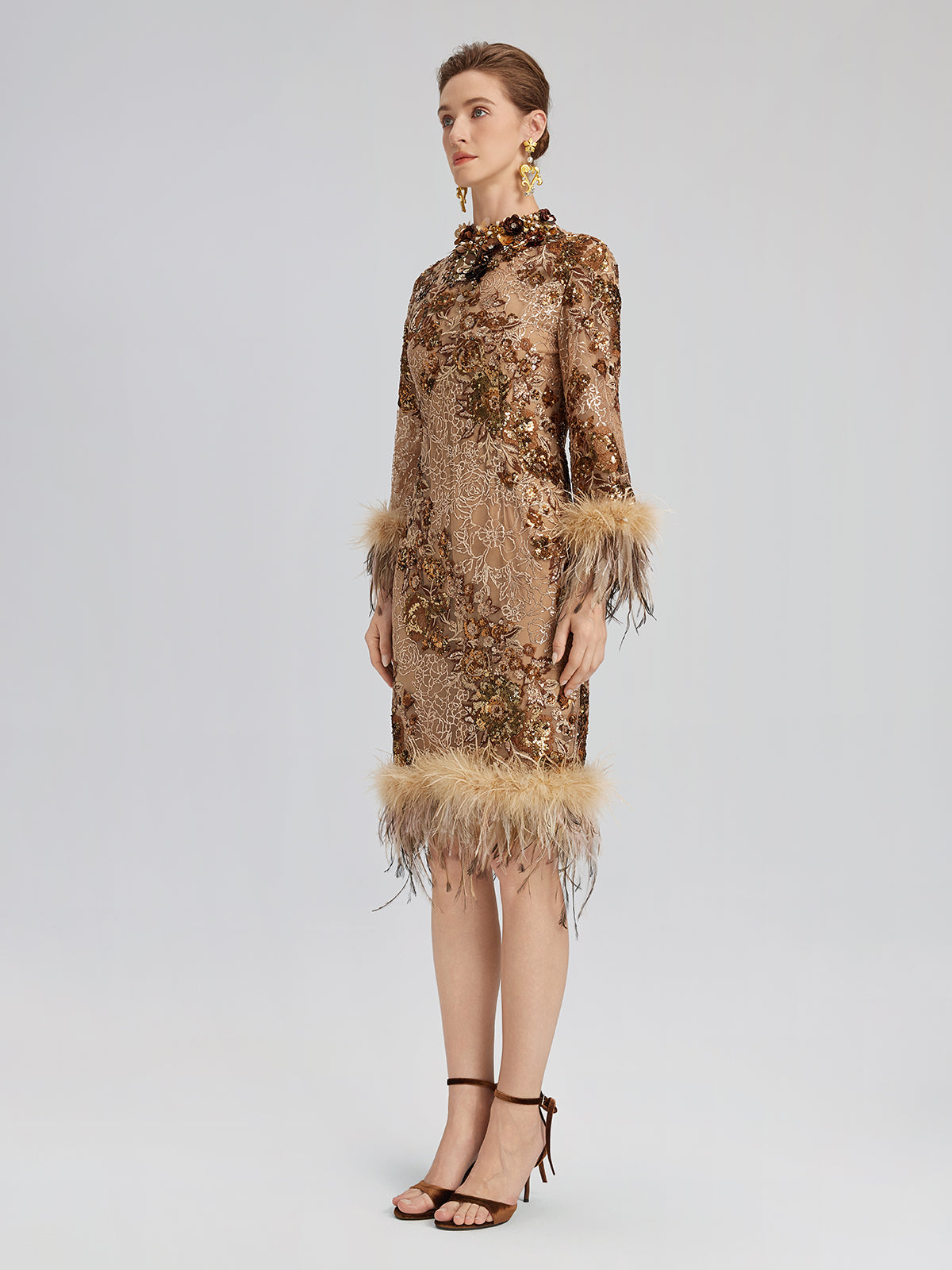 Hand-Beaded Floral Sequins & Feather Dress