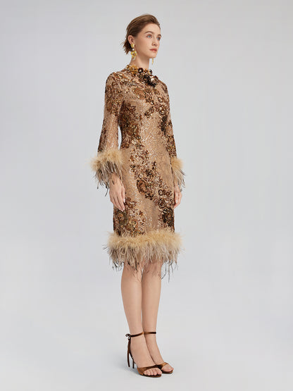 Hand-Beaded Floral Sequins & Feather Dress