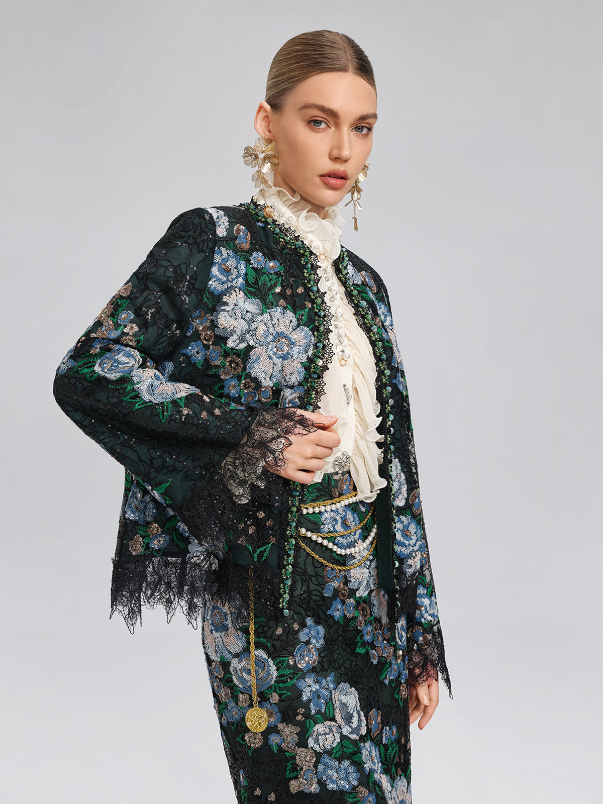 Sequin Lace-Trim Hand-Beaded Crystal Jacket