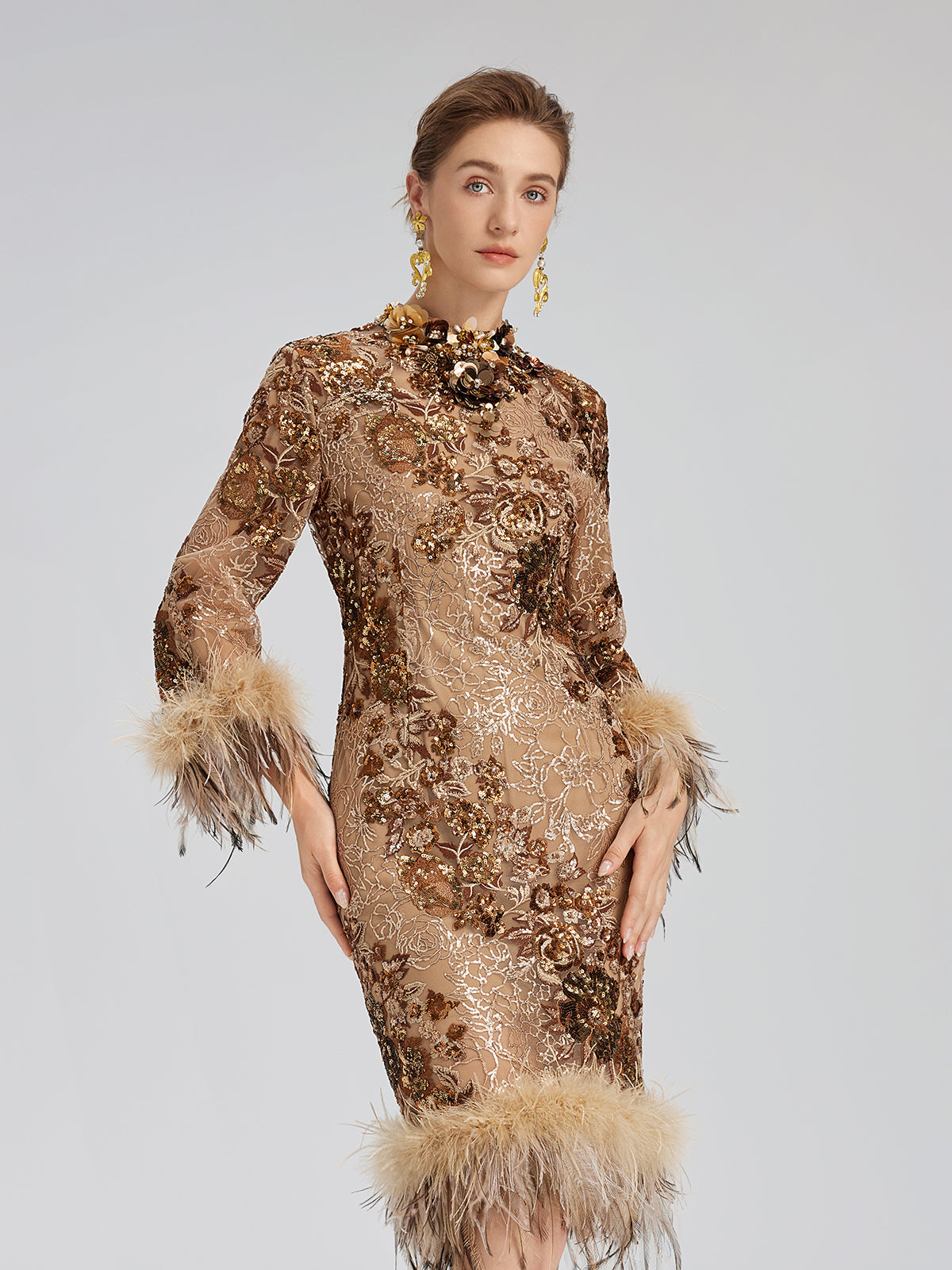 Hand-Beaded Floral Sequins & Feather Dress