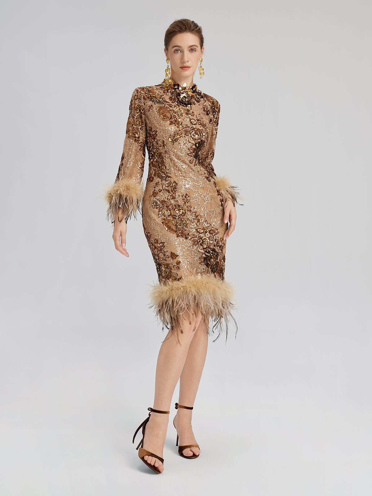 Hand-Beaded Floral Sequins & Feather Dress