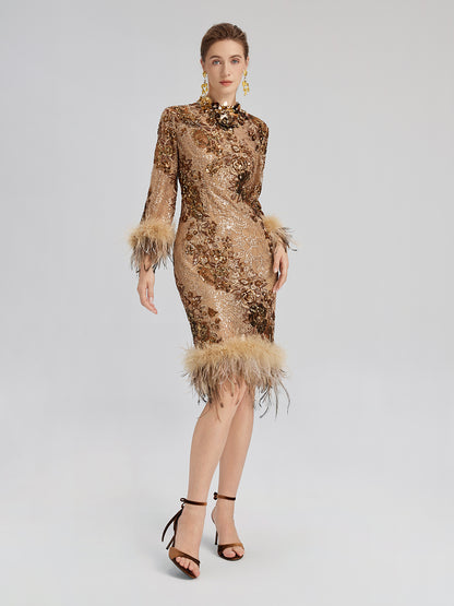 Hand-Beaded Floral Sequins & Feather Dress
