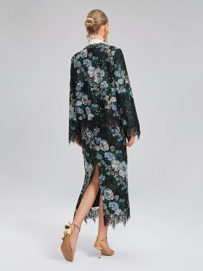 Sequin Lace-Trim Elastic-Waist Skirt