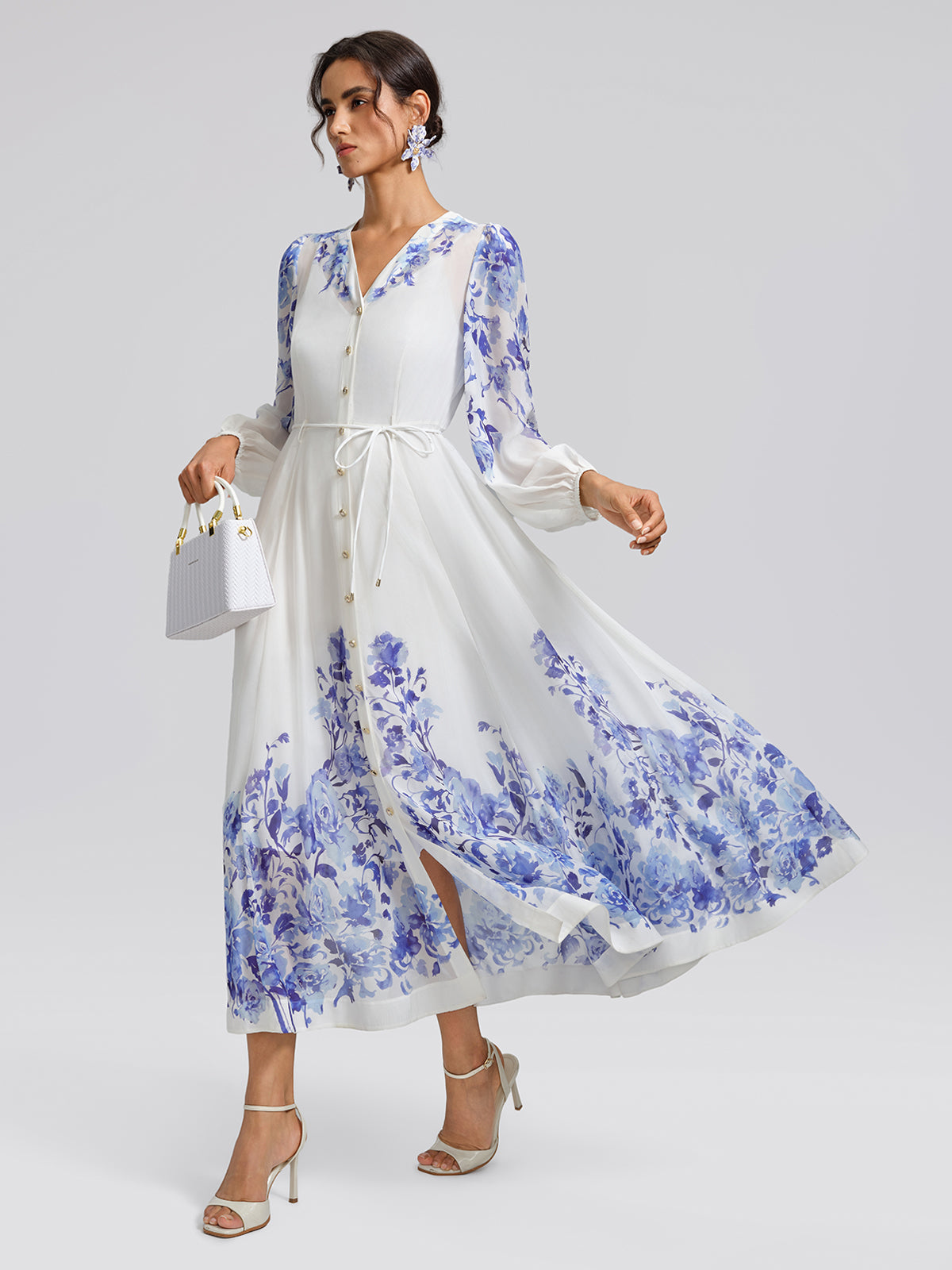 V-Neck Lantern-Sleeve Maxi Dress (Waist Tie & Slip Dress Included)