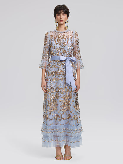 Gold Foil Mesh Heavywork Maxi Dress (Waist Tie Included)